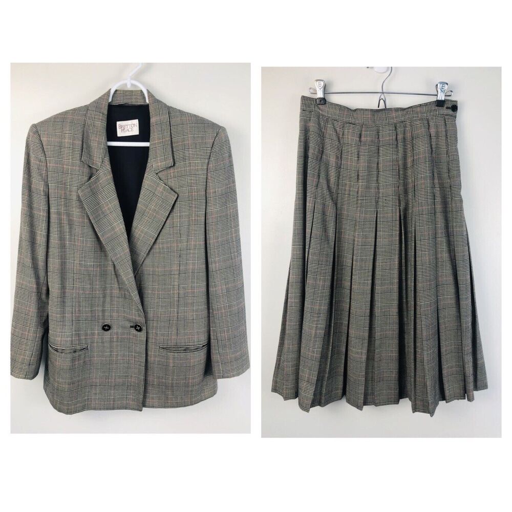 VTG Bretton Place Skirt Suit Womens 8 Gray Tweed Wool Academia 100% Wool Preppy